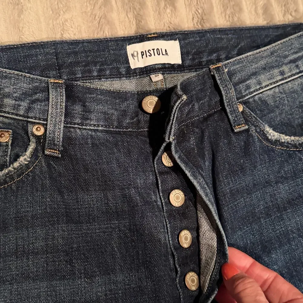 Pistola‎ Lennon High Rise Crop Straight Jeans 30 Blue Distressed Button Fly